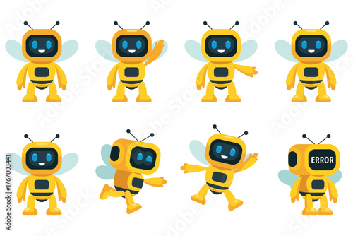 Bee Robot AI Character Vector – Cute Robot in Multiple PosesBee robot, AI character vector illustration, cute futuristic mascot design in multiple poses, mechanical insect,