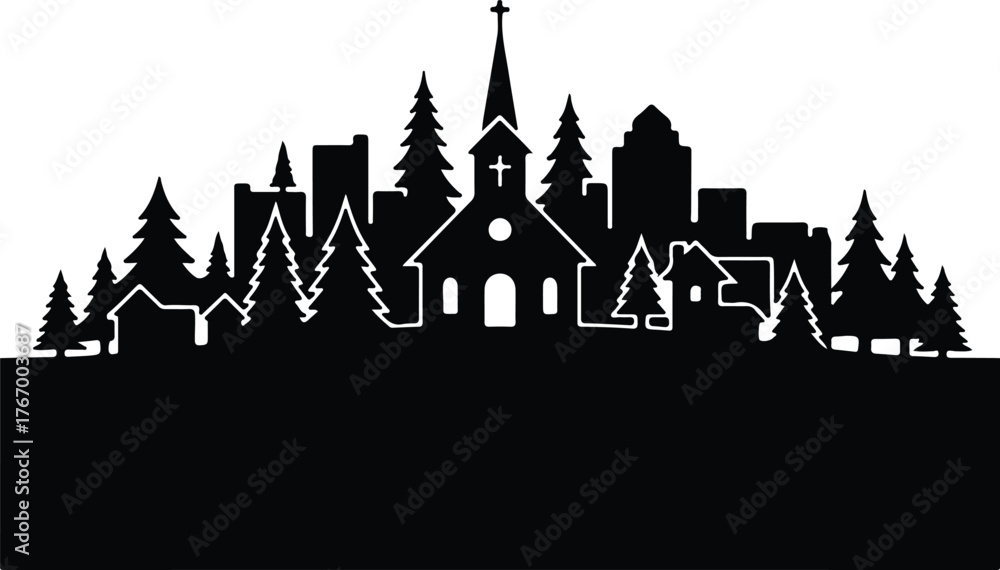 Fototapeta premium Vector Cityscape with church and trees black silhouette illustration