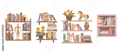 Set of Bookcases and Bookshelves, Home Library Collection, Stacks of Books, Educational Literature, Novels, Encyclopedias, Flat Isolated Illustrations, World Book Day, Back to School Concept, Reading