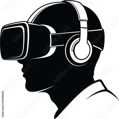 Silhouette of Man Wearing VR Headset and Headphones, virtual reality, vr, headset, goggles, technology, man, male, silhouette, profile, headphones, audio, gaming, entertainment, digital, immersive, ex