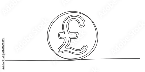 Abstract continuous line art drawing of a pound sterling coin symbol for finance and currency vector