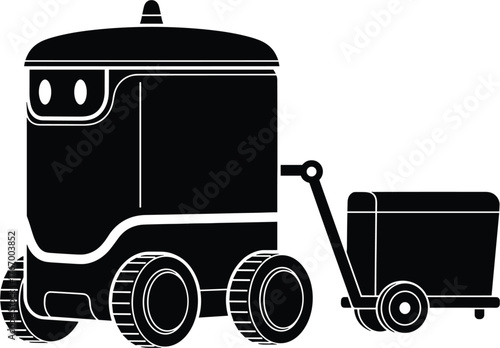 Black delivery robot with trailer on white background robot, delivery, autonomous, delivery, simple, futuristic, freight, silhouette, carrier, modern, industrial, background., robotic, autonomous, tec