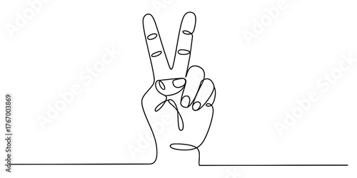 Minimalist single line art drawing of a hand making the peace sign gesture vector