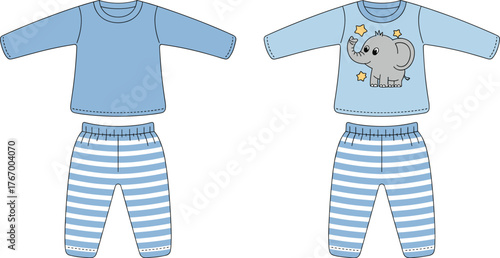 Cute baby pajamas set with elephant print, blue striped pants, long sleeve top, cozy sleepwear, cartoon illustration design