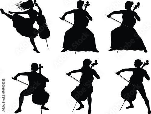 Cello player silhouette set, musicians performing, classical music art, orchestra instrument, vector illustration, artistic poses, stock design, cultural performance