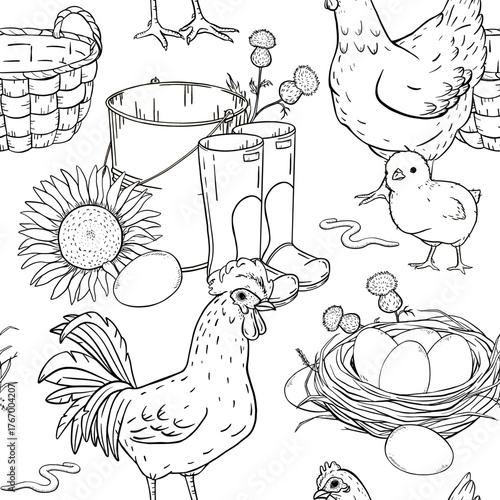 Seamless hand drawn black and white ink pattern with hens, eggs, basket, milk jug, sunflowers, straw, and grass. Perfect for kitchen textiles, wrapping paper, country packaging, farm stationery