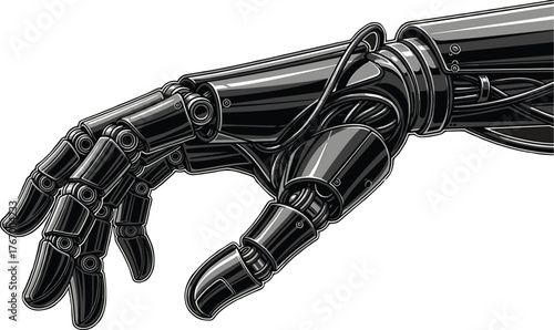 Detailed black robotic hand with visible wires and joints, robot, hand, robotic, mechanical, artificial, limb, technology, black, detailed, wires, joints, articulated, fingers, thumb, futuristic, mach