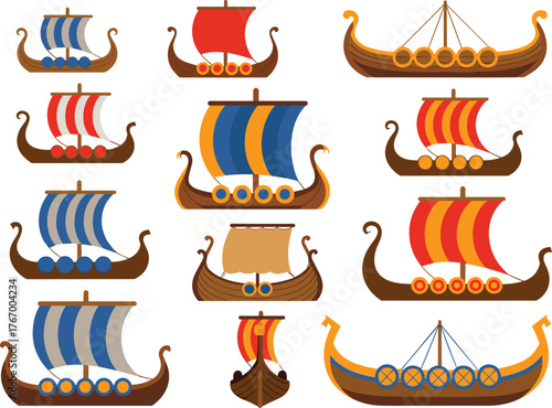 Viking ships collection, ancient longboat illustration, medieval sailing vessels, nordic drakkar boats, historical maritime vector design