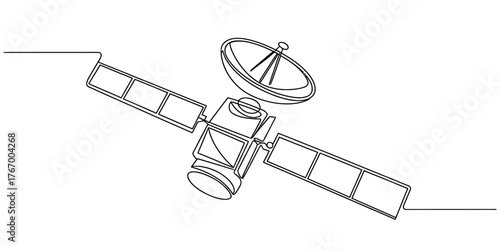 Continuous one line art drawing of a satellite in outer space exploring the cosmos vector