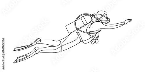 Continuous one line art drawing of a scuba diver swimming forward in a minimalist sketch style vector