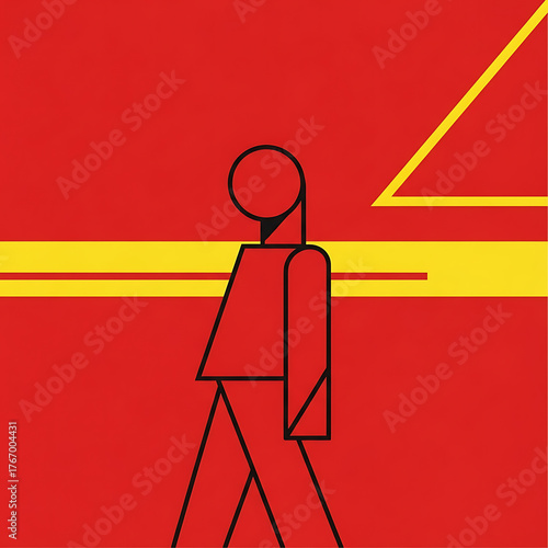 Abstract geometric figure of a person walking against a red background with yellow lines