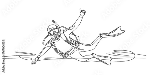 Continuous one line art drawing of a diver mid-action exploring the ocean floor vector