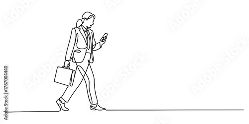 Continuous single line drawing of a business person walking with a bag and phone vector