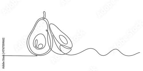 Continuous line art drawing of two avocado halves with a wavy line extending outwards vector
