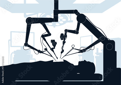Robotic Surgery System Performing Operation on Patient robotic surgery, surgical robot, science, operation, futuristic, monitors, silhouette, surgical, dark, technology, room, tools, robot, robotic, t