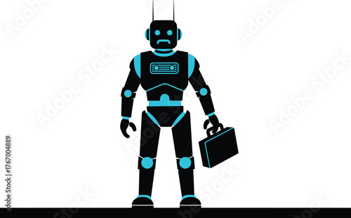 Sad Robot Holding Briefcase with Blue Accents robot, android, humanoid, machine, blue, simple, electronic, futuristic, symbol, figure, invention, expression, fiction, modern, creation, humanoid, robot