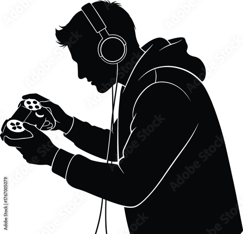 Silhouette of a person wearing headphones and playing video games, silhouette, person, man, male, headphones, gaming, video game, controller, holding, playing, entertainment, leisure, hobby, technolog