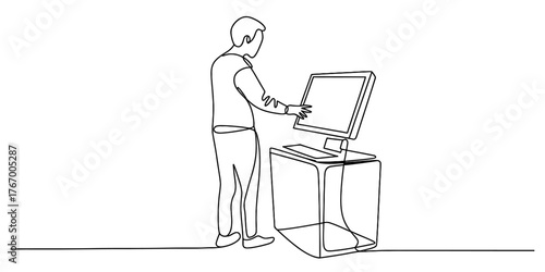 Continuous one line drawing of a person interacting with a computer station in a minimalist style vector