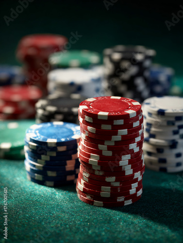 Stack of Poker Chips on Green Casino Table — Classic Gambling Background