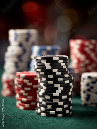 Stack of Poker Chips on Green Casino Table — Classic Gambling Background