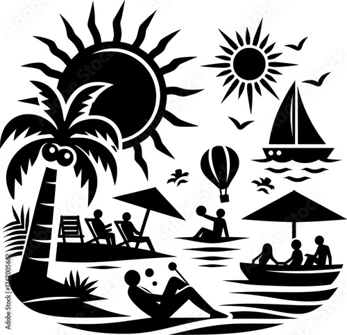 Vector art of summer vacation scene with palm tree, sun, beach chairs, and people enjoying activities