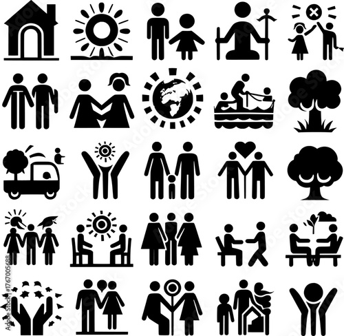 Vector art of diverse collection of icons representing family and community life
