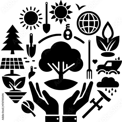 Vector art of circular arrangement of ecofriendly and nature icons