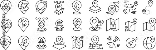 Location and Navigation Line Icons Collection. Containing GPS, Map Pin, Route, Destination and Travel Outline Icons.