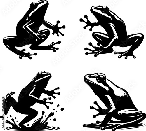 Vector art of four black and white frogs, one splashing in water