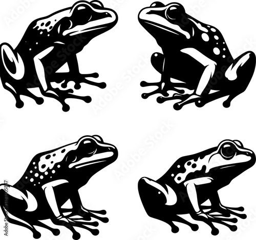 Vector art of four black and white frogs in different poses