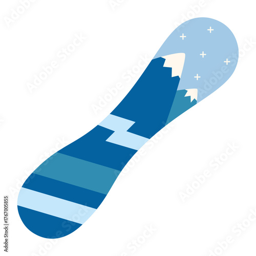 Blue snowboard with mountain pattern, winter sport equipment. Modern vector illustration isolated on white background, hand drawn, flat design