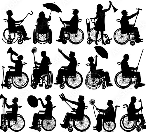 Vector art of collection of diverse people in wheelchairs with various accessories
