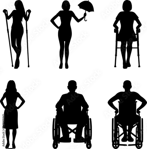 Vector art of set of diverse people silhouettes with mobility aids