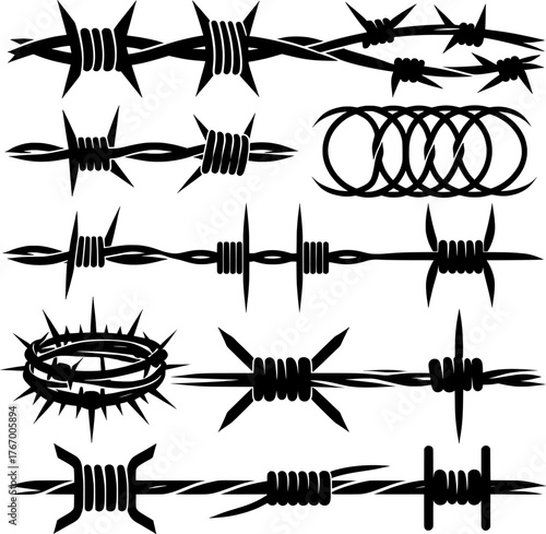 Vector art of various barbed wire elements and patterns