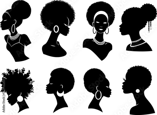 Vector art of collection of black silhouette profiles of women with afro hairstyles