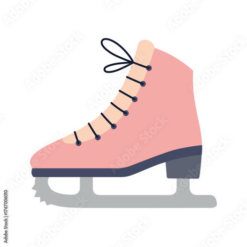 Pink figure skate with laces, ice skating equipment. Modern vector illustration isolated on white background, hand drawn, flat design