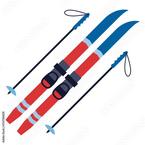 Pair of skis with poles, winter sports equipment. Modern vector illustration isolated on white background, hand drawn, flat design