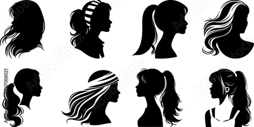 Vector art of set of black silhouette profiles of women with various hairstyles