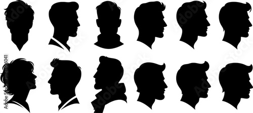 Vector art of collection of male head silhouettes in profile