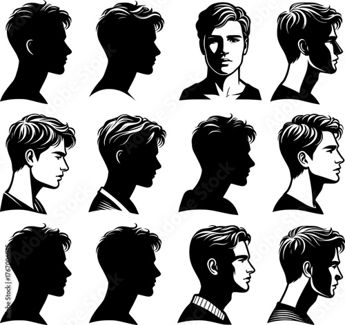 Vector art of set of male portraits in silhouette and line art