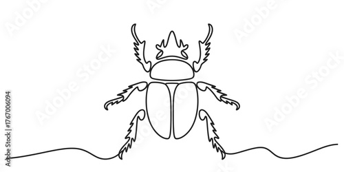 Minimalist continuous line art drawing of a detailed scarab beetle with horns vector
