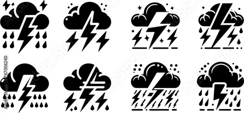 Vector art of set of weather icons with clouds, lightning, and rain