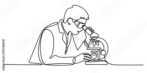 A continuous line art drawing of a scientist observing through a microscope in a laboratory setting vector