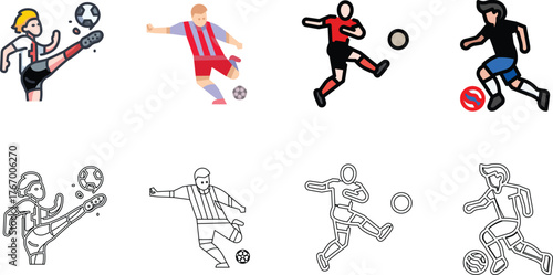 Dynamic Football (Soccer) Player Icon Set in Multiple Styles (Flat, Outline, and Stylized)