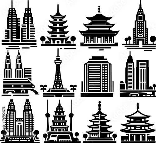 Vector art of asian city skylines and landmarks