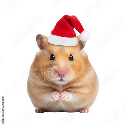 Adorable fluffy hamster wearing a miniature red Santa hat on transparent background for cute holiday designs