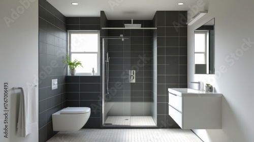 Modern bathroom features a glass shower, wall-hung toilet, and floating vanity.