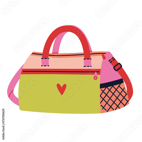 Colorful sports duffel bag for gym and travel. Trendy modern vector illustration isolated on white background, hand drawn, flat design
