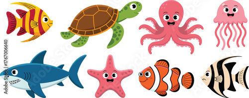 Cute sea animals cartoon set, colorful marine life illustration, fish turtle octopus jellyfish shark starfish, underwater ocean vector art