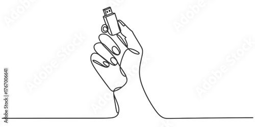 Minimalist continuous line art drawing of a hand holding a computer mouse with a usb connection vector